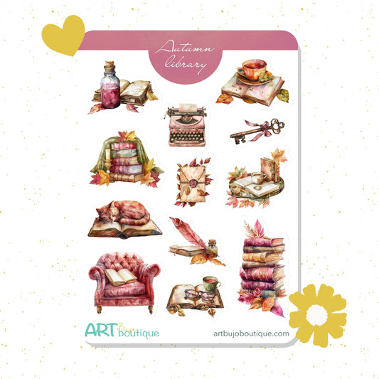 Sheet of decorative stickers with autumn-themed illustrations on a white background.