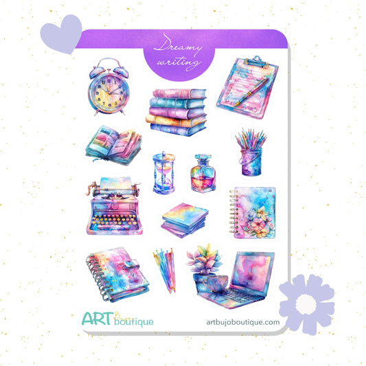Colorful stationery items on a white background with 'ART boutique' branding.
