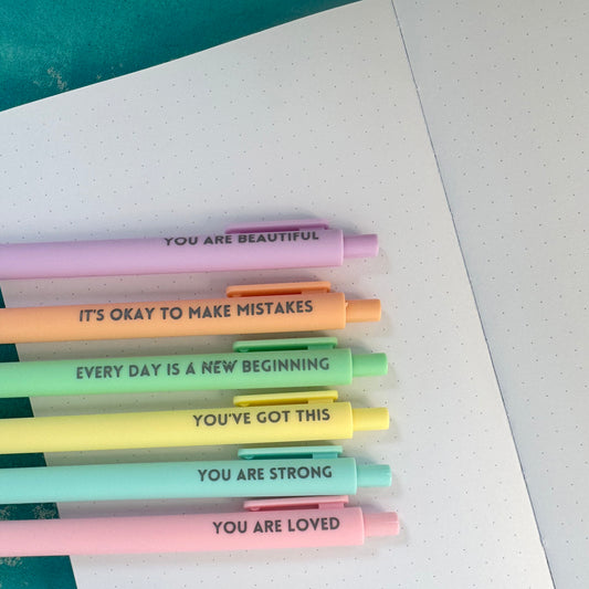 Macaron Colored Motivational Pens - Pastel Ballpoint Pens with Uplifting Quotes, Black Ink
