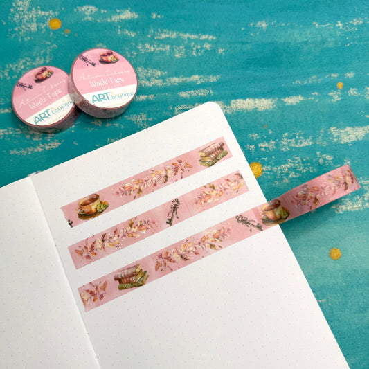 Autumn Library Pink Washi Tape – 15 mm Cozy Fall Decorative Tape