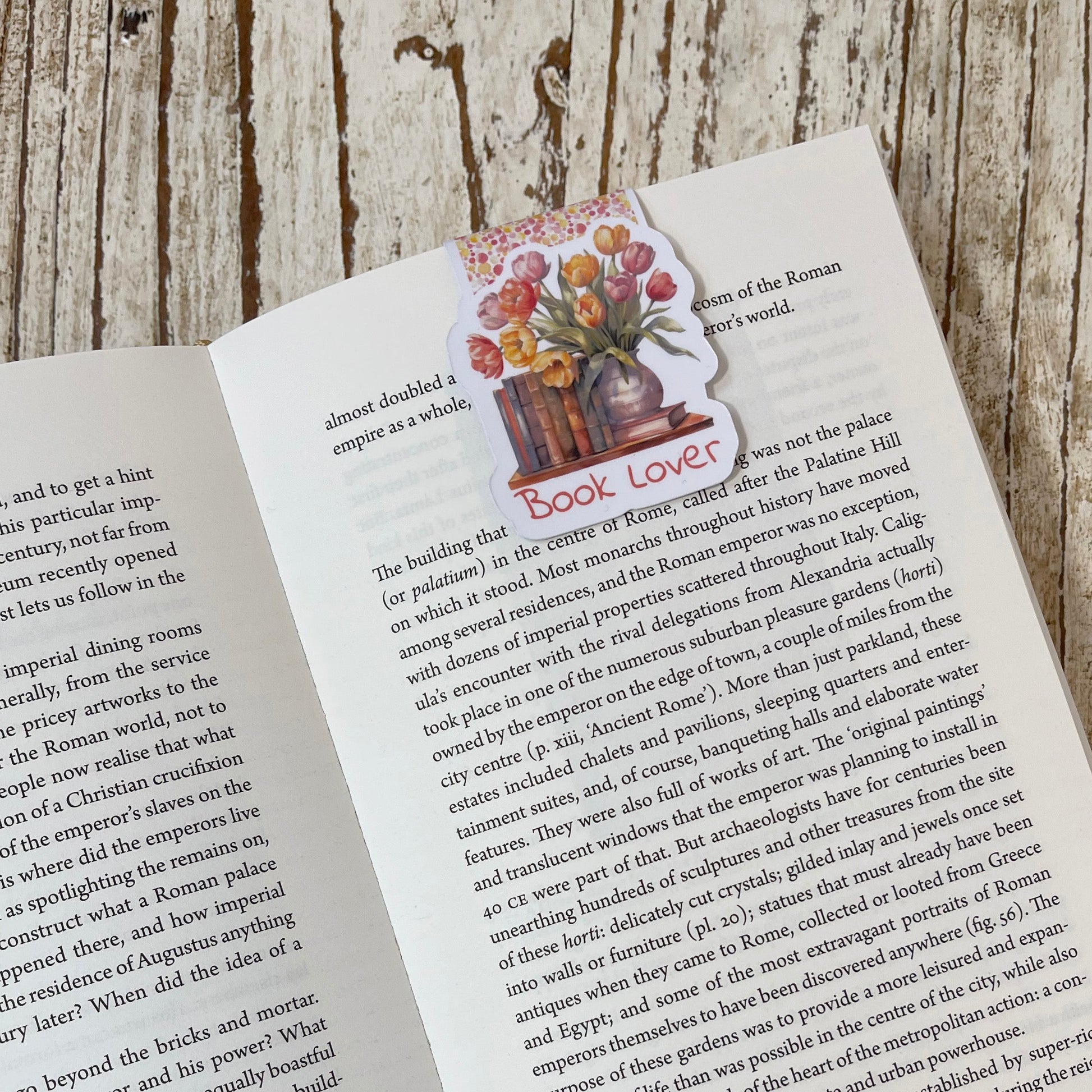 Book Lover Spring magnetic bookmark, artbujostickers.com, jane gera art, tulips art