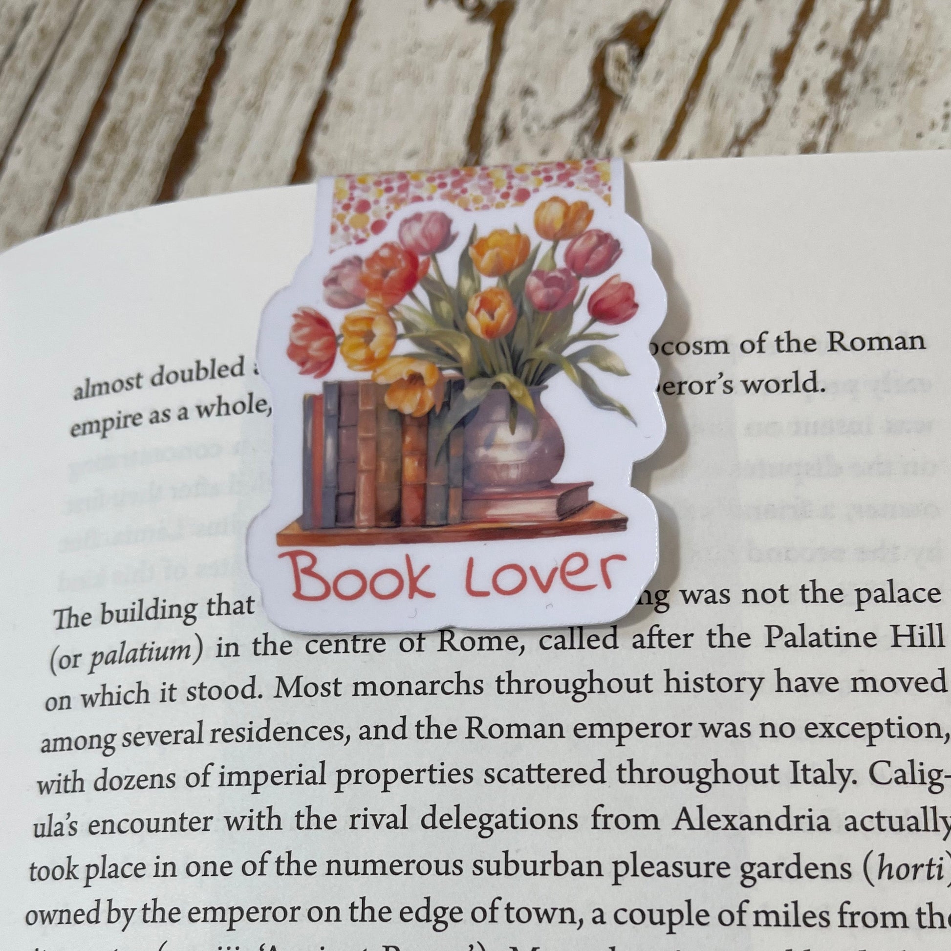 Book Lover Spring magnetic bookmark, artbujostickers.com, jane gera art, tulips art