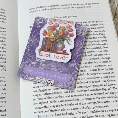 Book Lover Spring magnetic bookmark, artbujostickers.com, jane gera art, tulips art