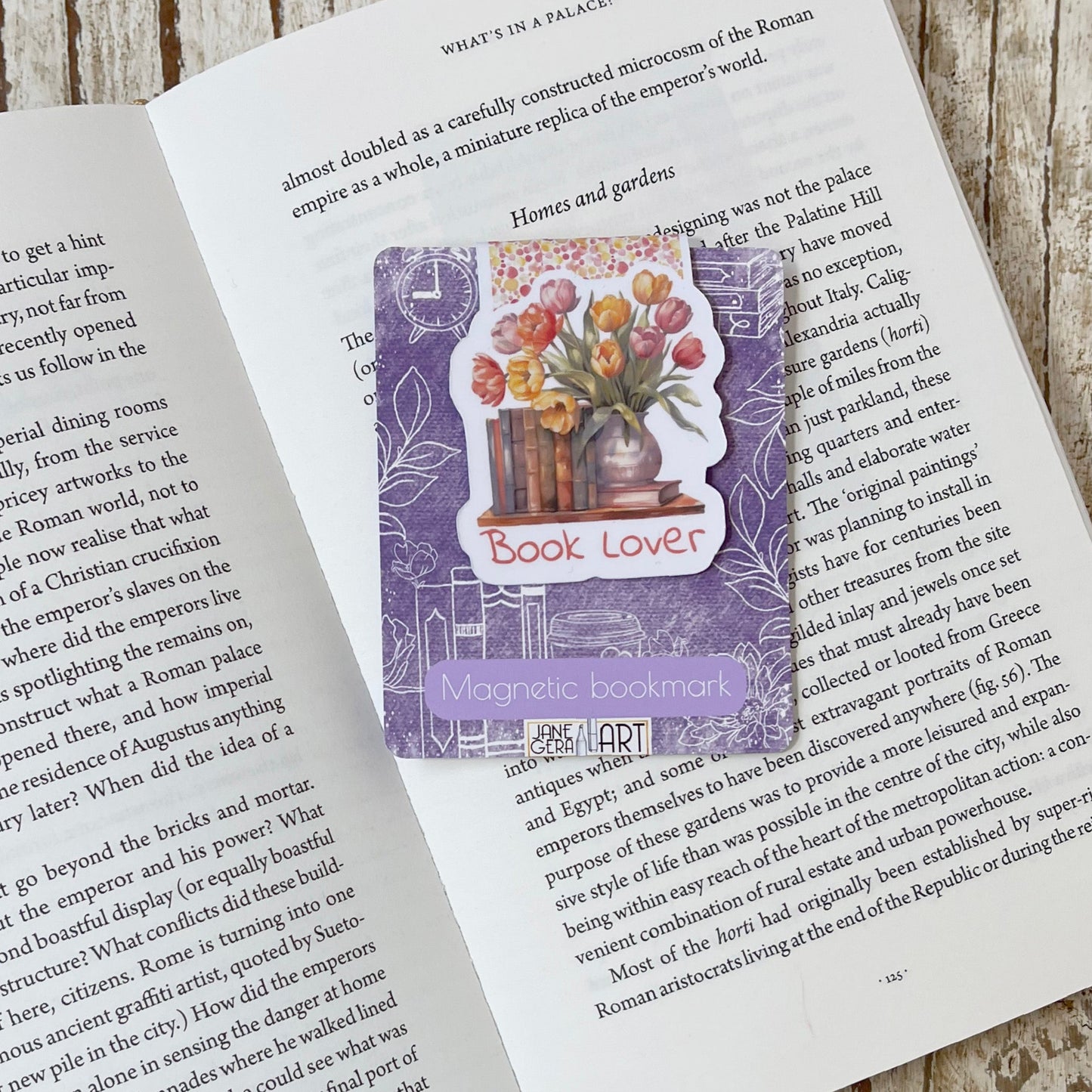 Book Lover Spring magnetic bookmark, artbujostickers.com, jane gera art, tulips art