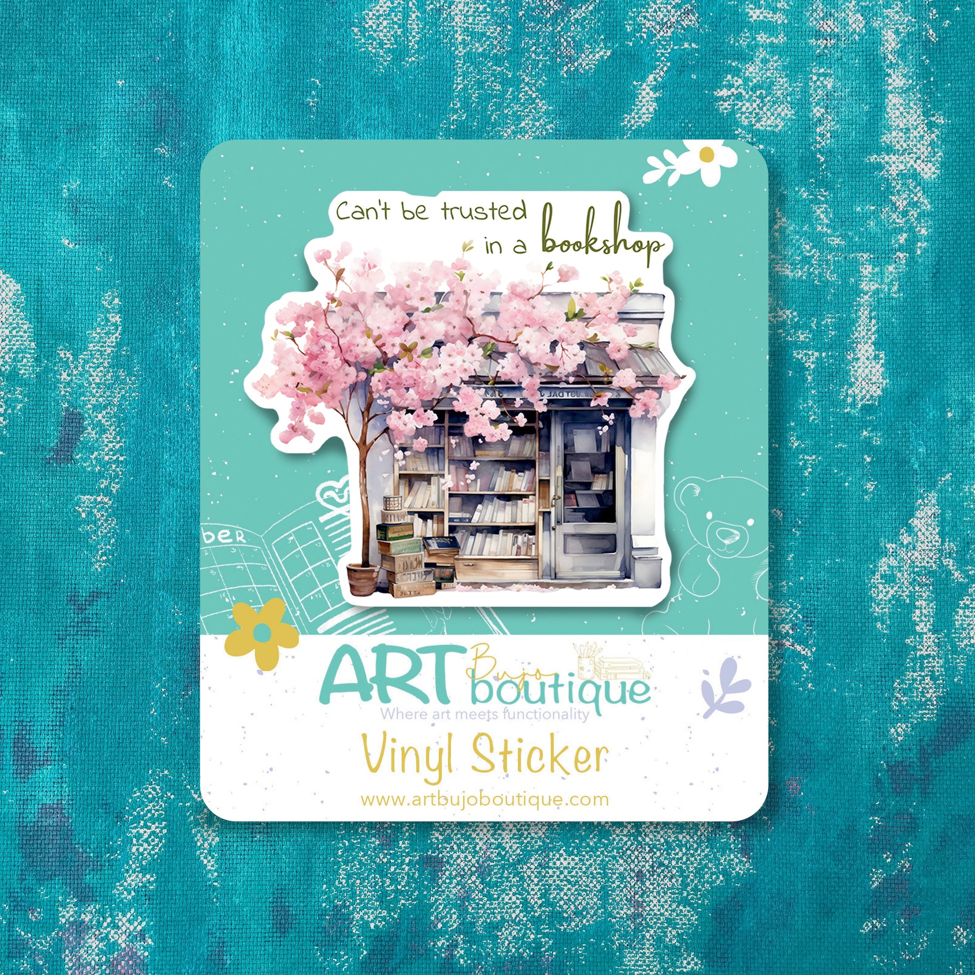 Vinyl sticker with a bookshelf design on a textured teal background