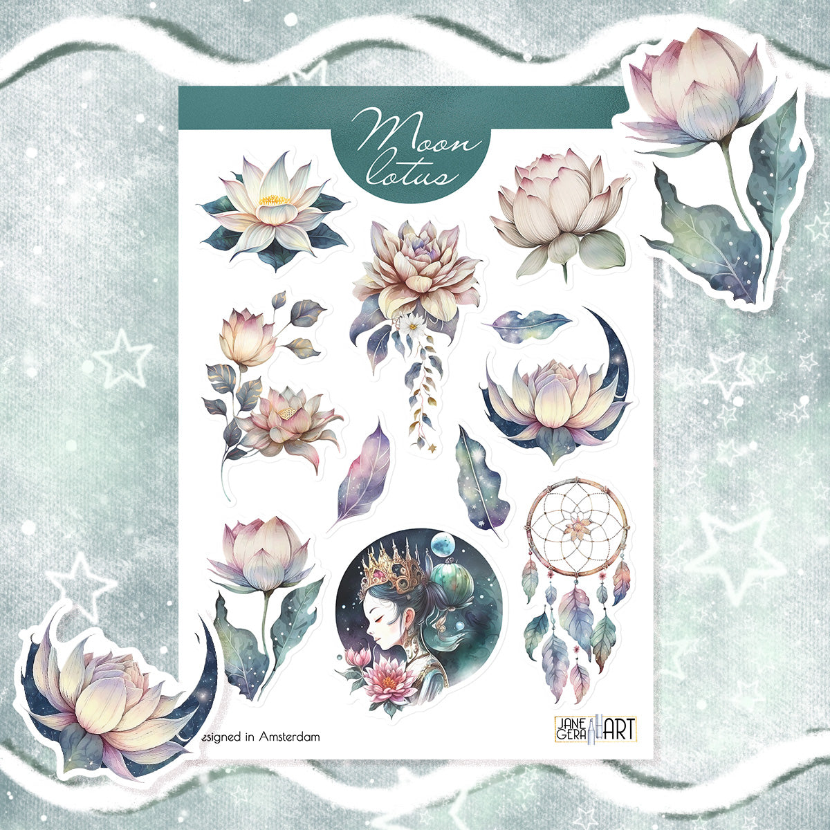 Celestial stickers Lotus flower and Moon sticker set