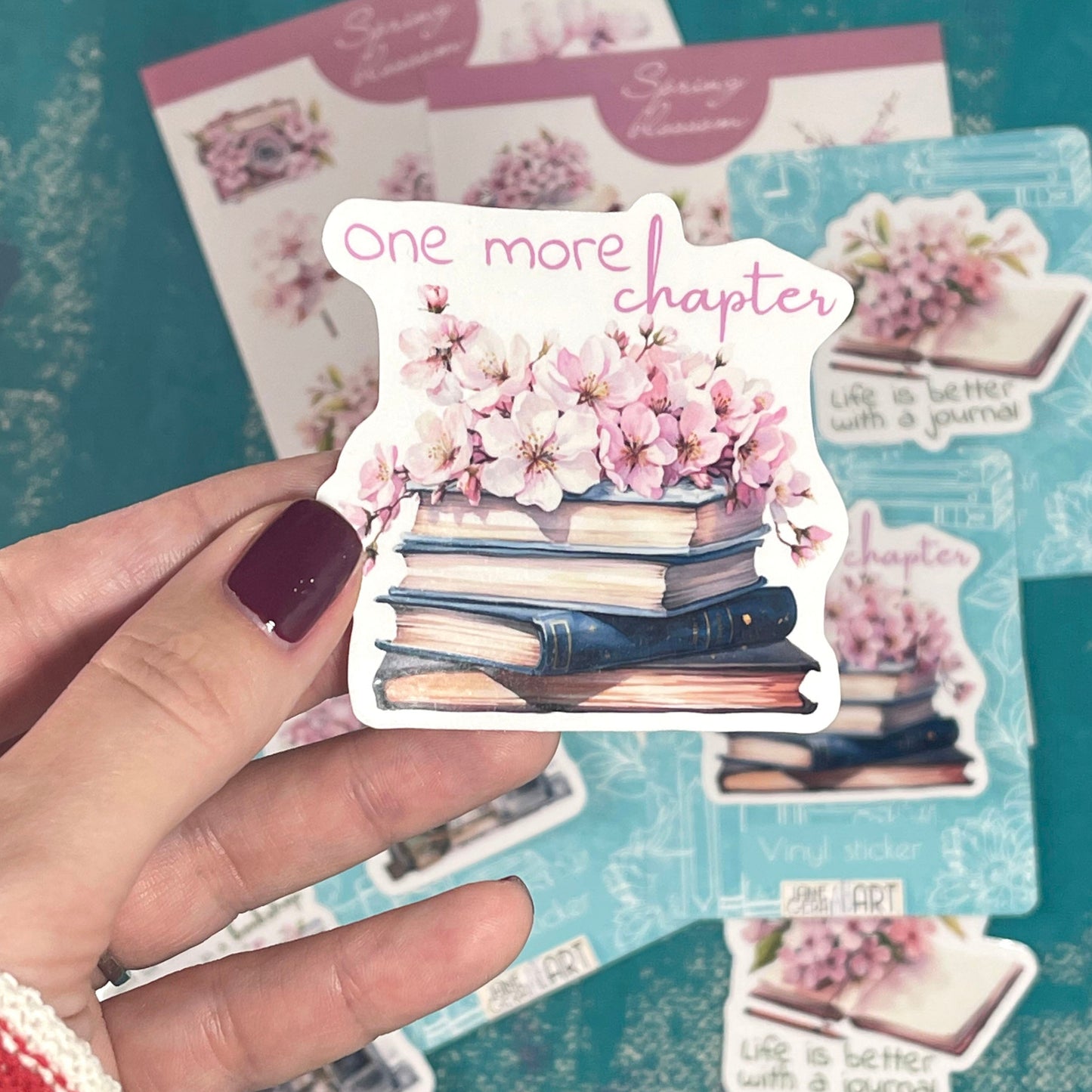 One More Chapter vinyl sticker, laptop stickers, cute stickers, sakura flowers, book lover gift