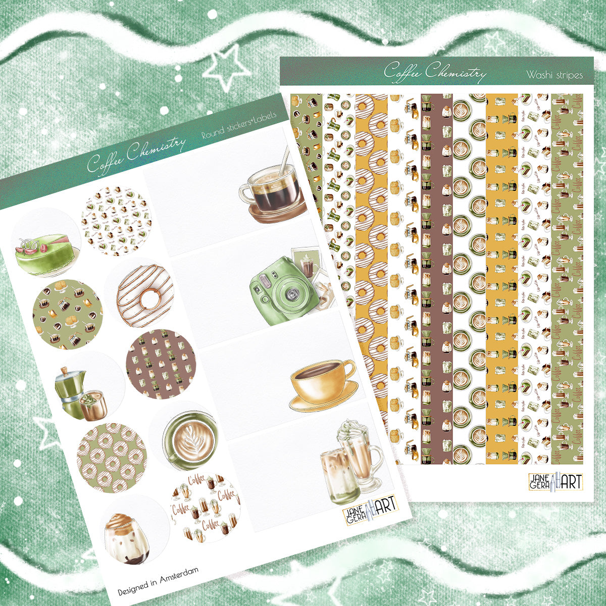 Coffee chemistry planner stickers Washi stripes and Labels