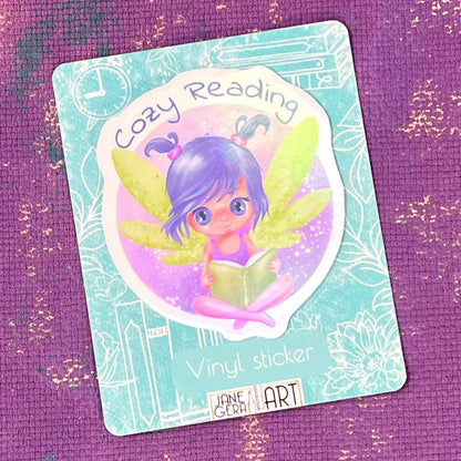 Cozy reading cute vinyl sticker, cute stickers, cute fairy, book lover gift