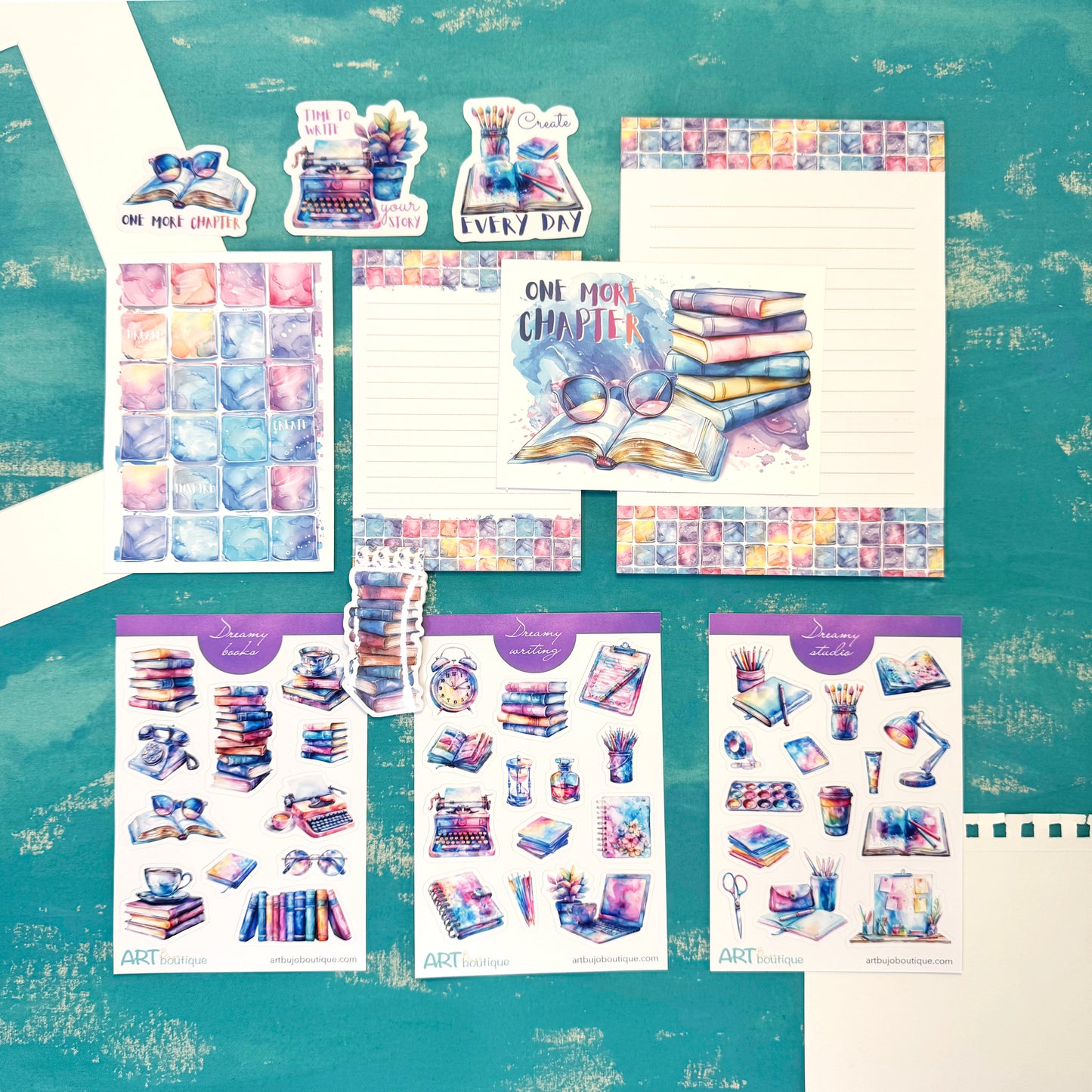 Dreamy Planner Bundle – Notepads, Cards, Washi Tape & Stickers | Watercolor Stationery Gift Set | Bujo Kit with Free Paper Clip Gift