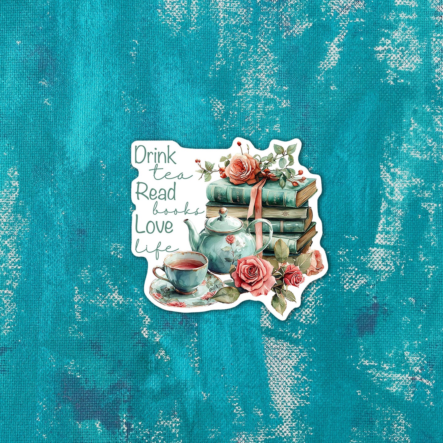 Decorative sticker with tea cup, teapot, books, and flowers on a textured teal background.