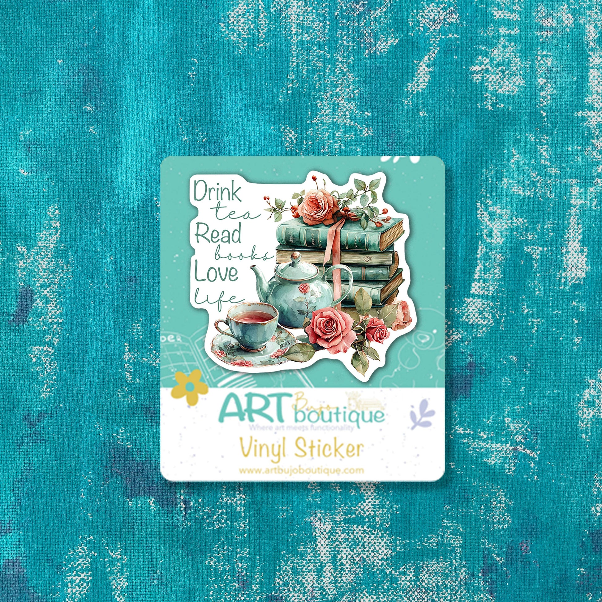 Decorative sticker with text and graphics on a textured blue background