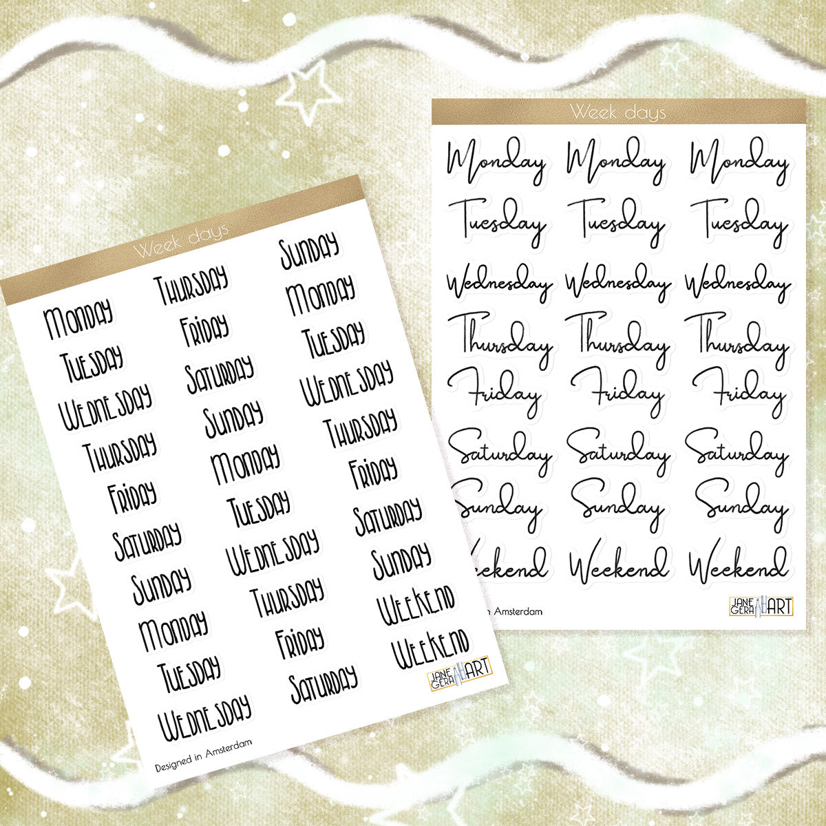 Week days planner stickers English, Dutch