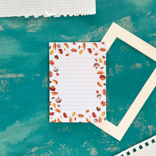 Golden Harvest A6 Notepad – Autumn Leaves & Pumpkins Writing Pad