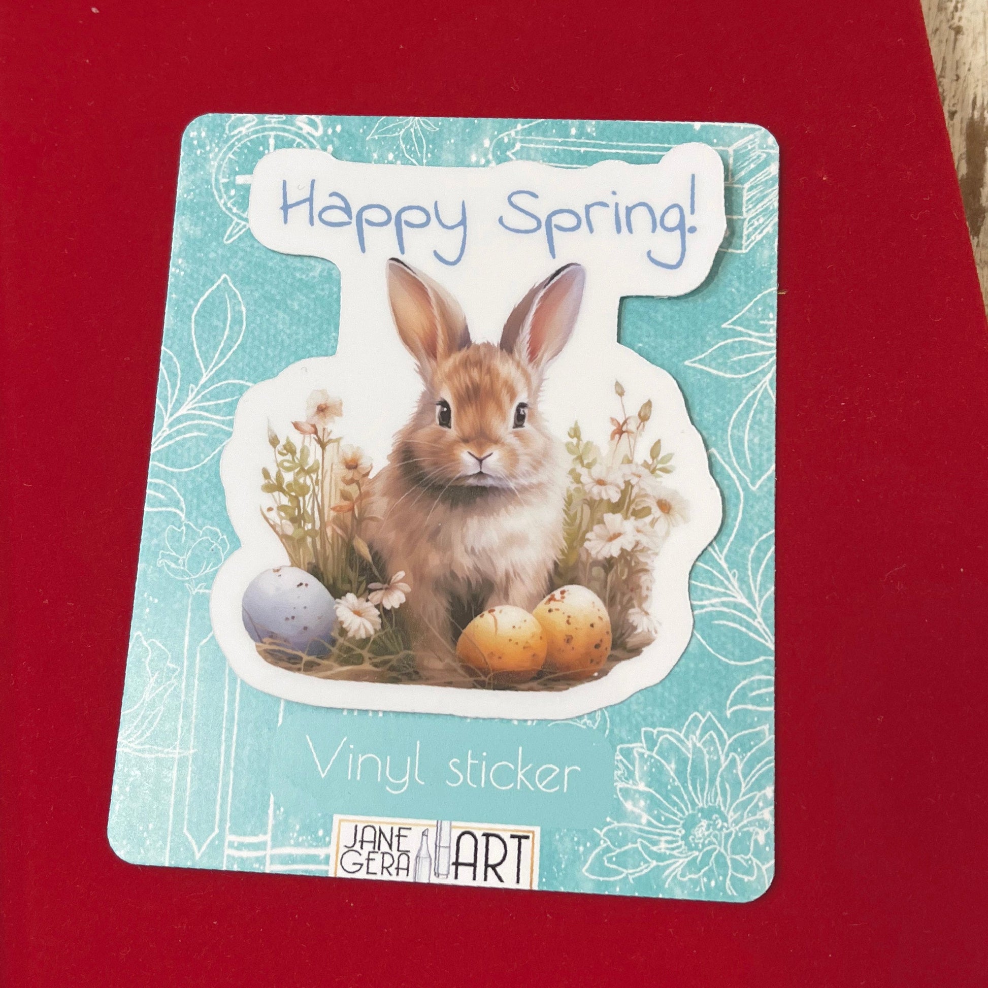 Happy Spring vinyl sticker, artbujostickers.cm, easter bunny, bunny rabbit, jane gera art