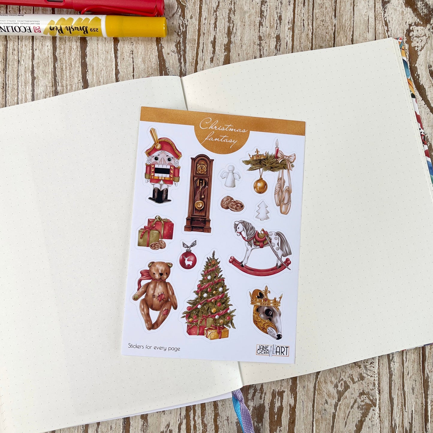 stickers with christmas nutcracker, teddy bear and christmas tree