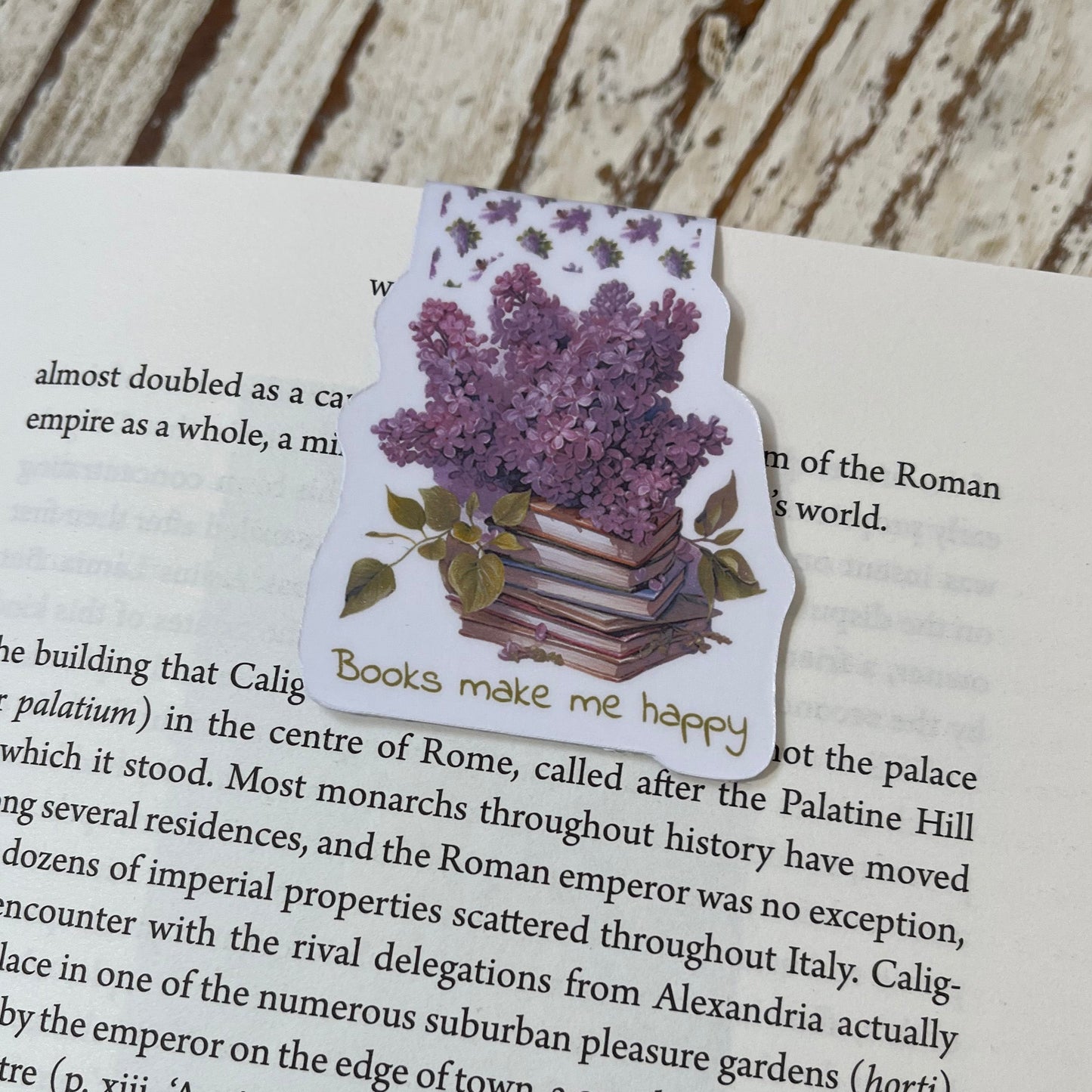 Books make me Happy magnetic bookmark, lilac flowers art, jane gera art, artbujostickers.com