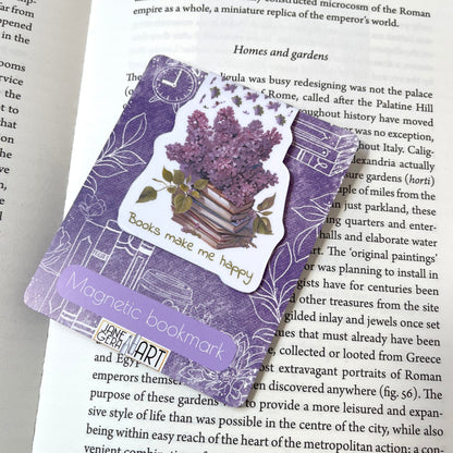 Books make me Happy magnetic bookmark, lilac flowers art, jane gera art, artbujostickers.com