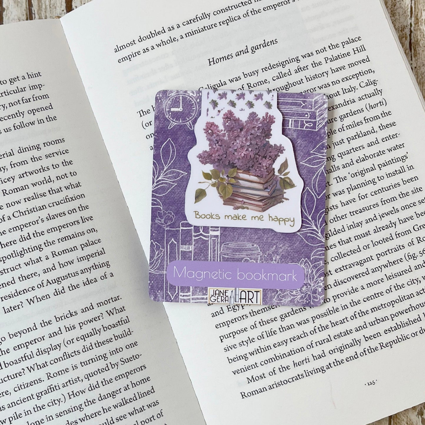 Books make me Happy magnetic bookmark, lilac flowers art, jane gera art, artbujostickers.com