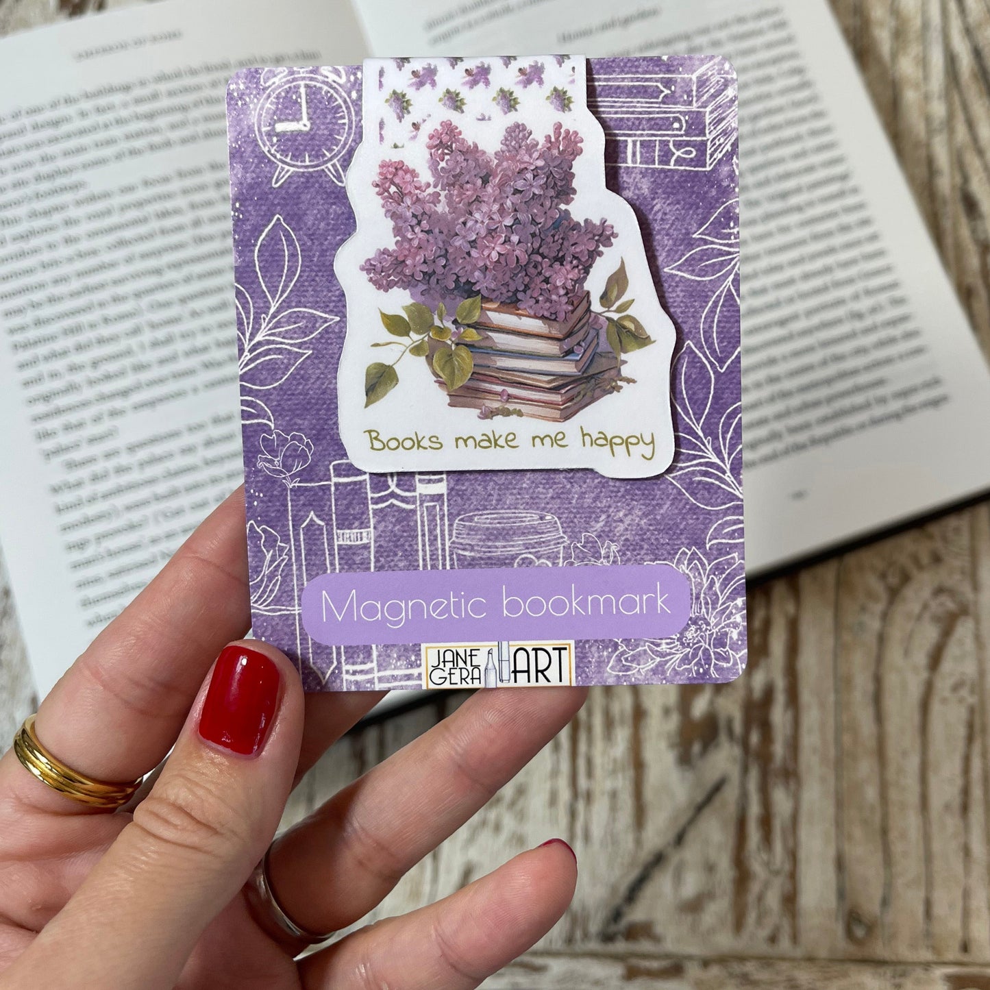 Books make me Happy magnetic bookmark, lilac flowers art, jane gera art, artbujostickers.com