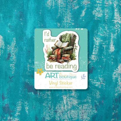 Vinyl sticker with 'I'd rather be reading' design on a textured blue background