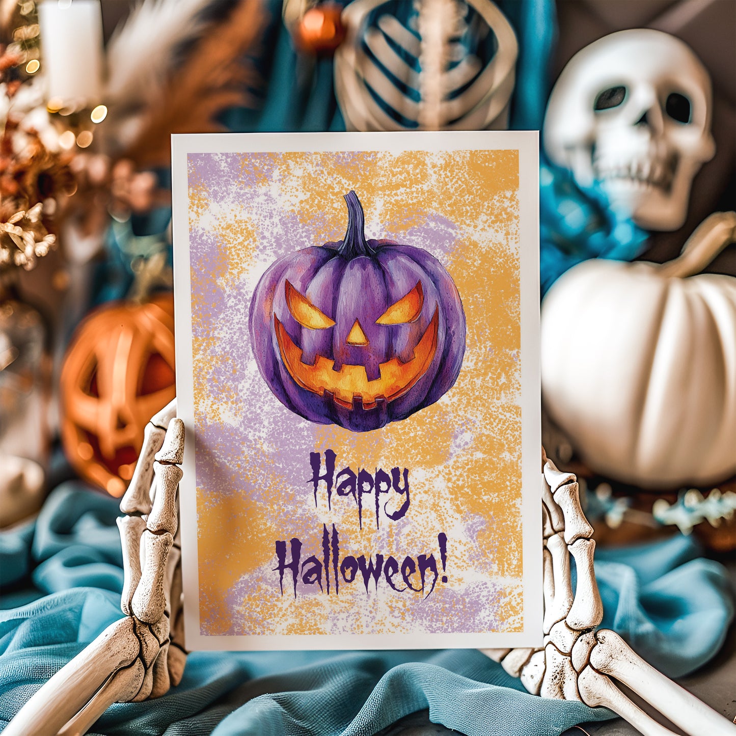 halloween card, pumpkin postcard, purple pumpkin