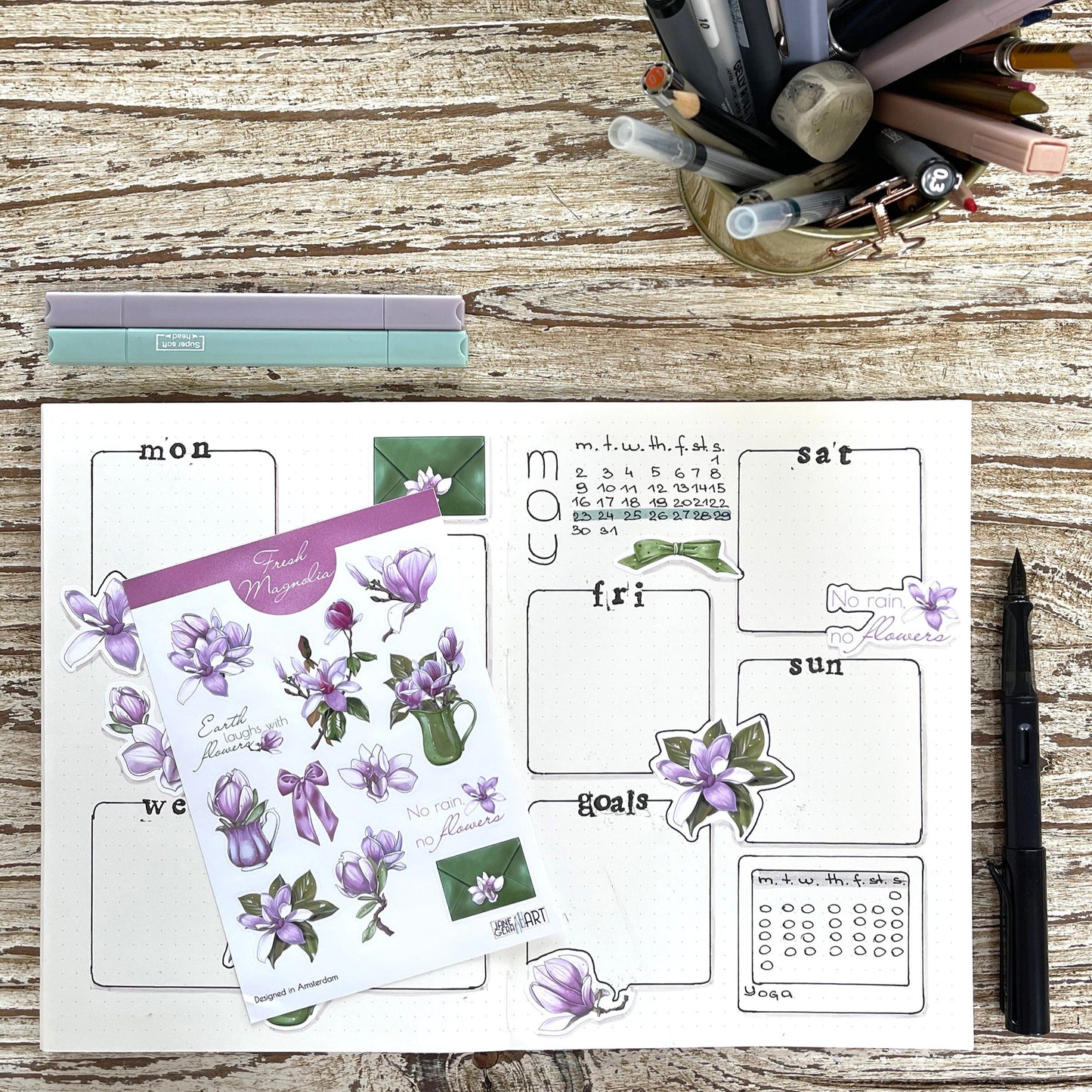 Magnolia flower bujo sticker set