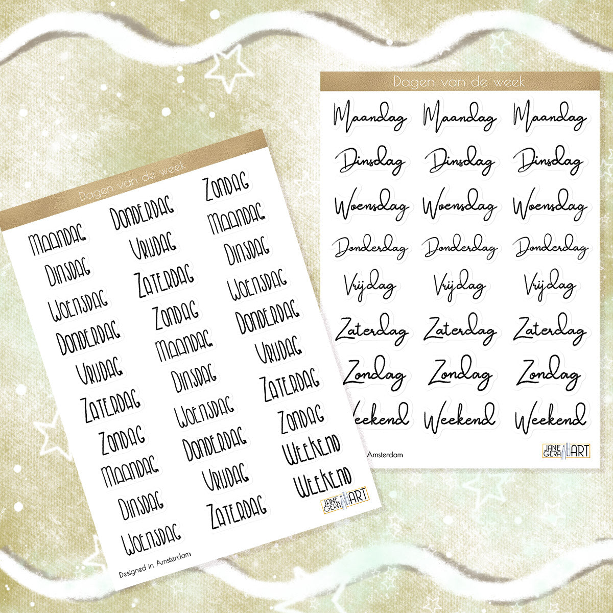 Week days planner stickers English, Dutch