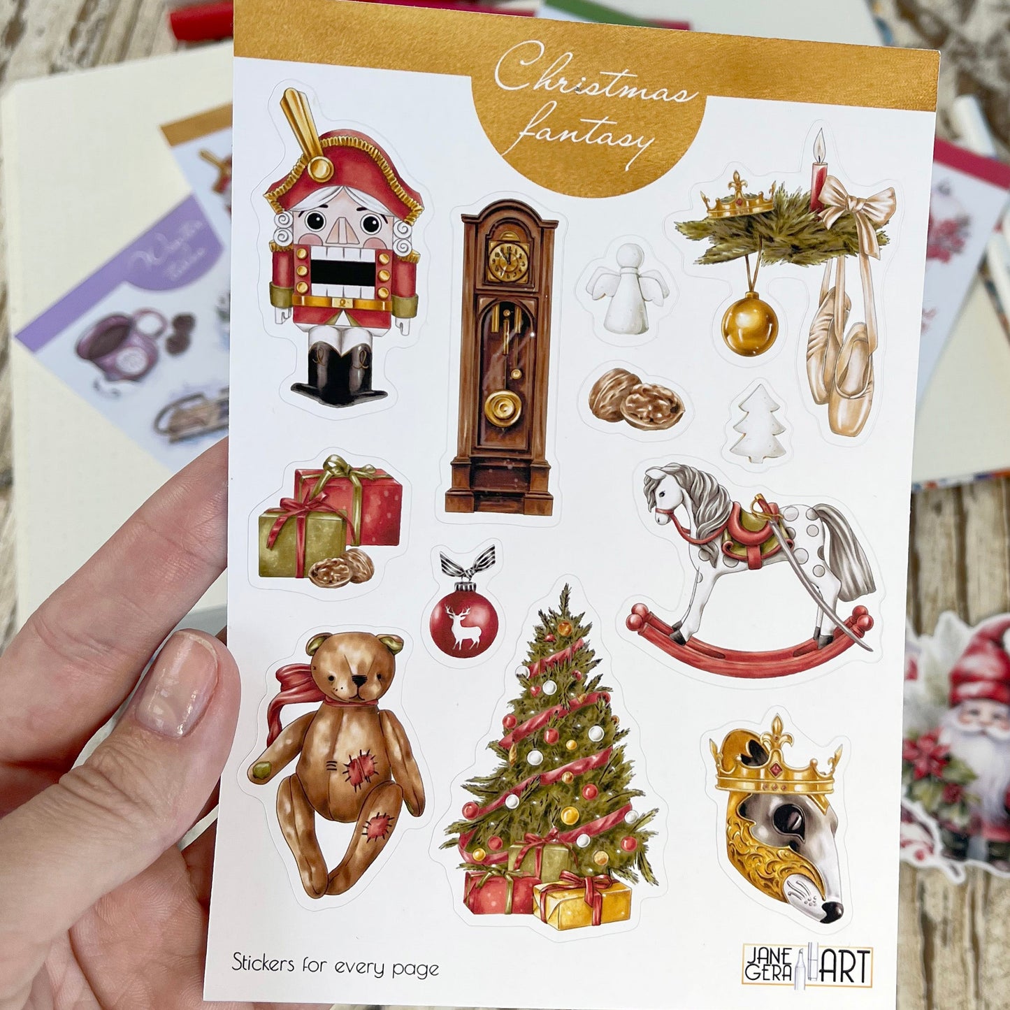 stickers with christmas nutcracker, teddy bear and christmas tree