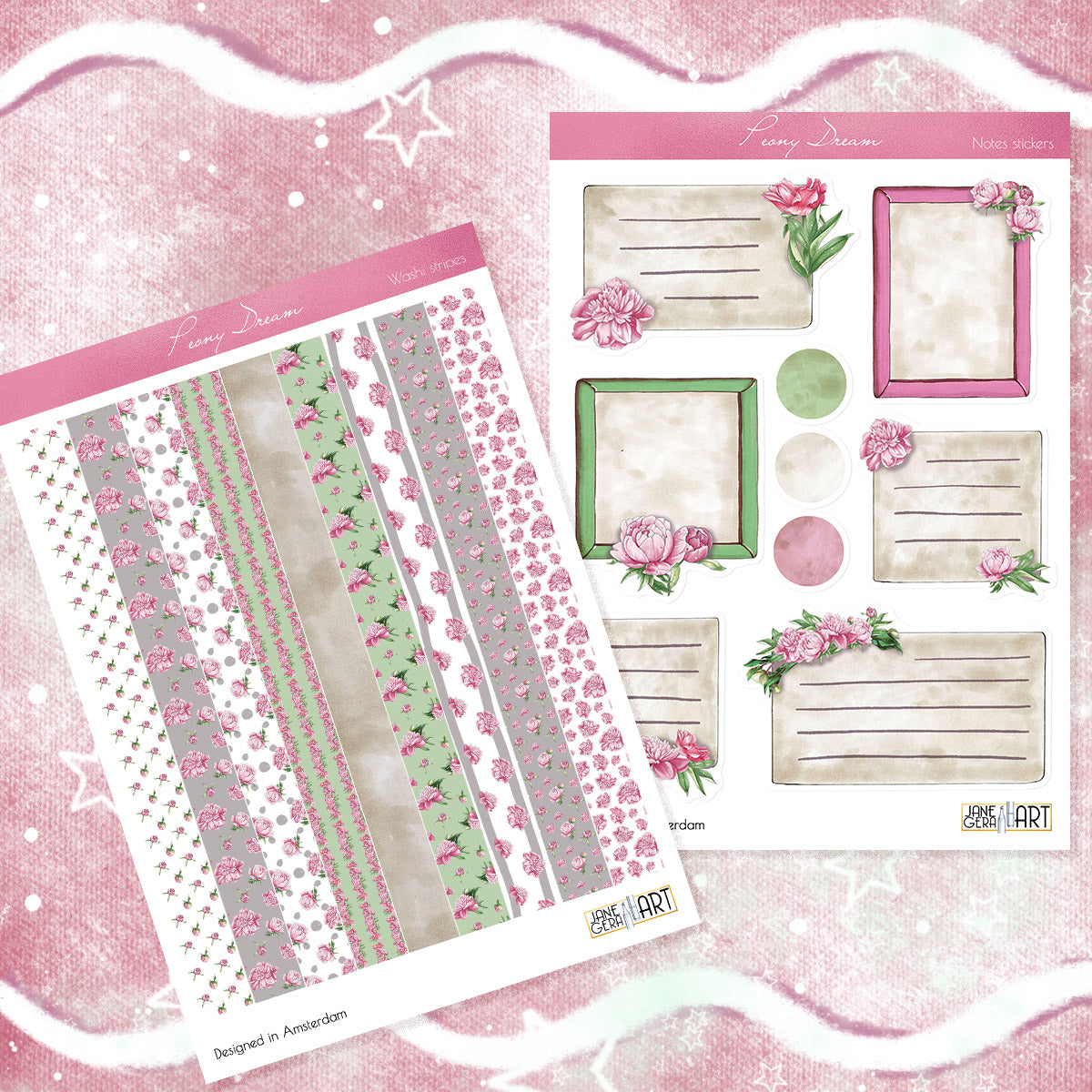 Roze pioenroos planner stickers Washi strepen en Frames