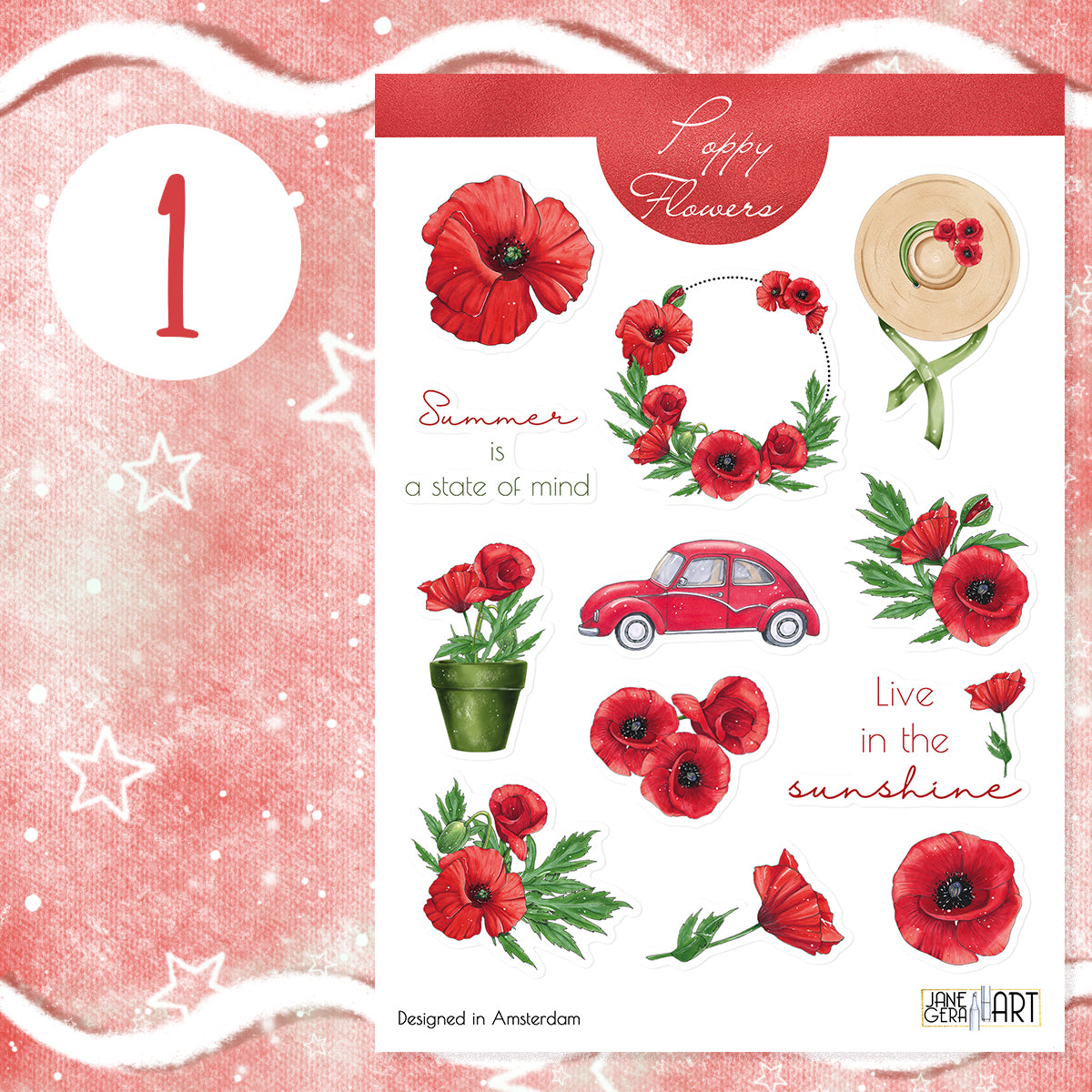 Poppy flower planner stickers Floral sticker set