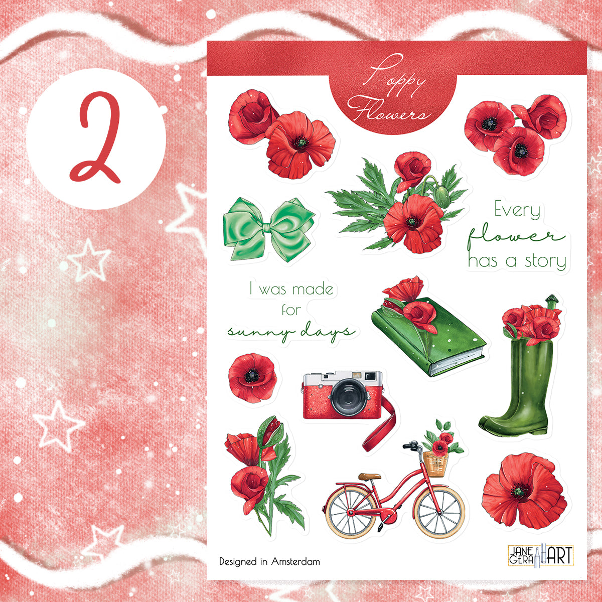 Poppy flower planner stickers Floral sticker set