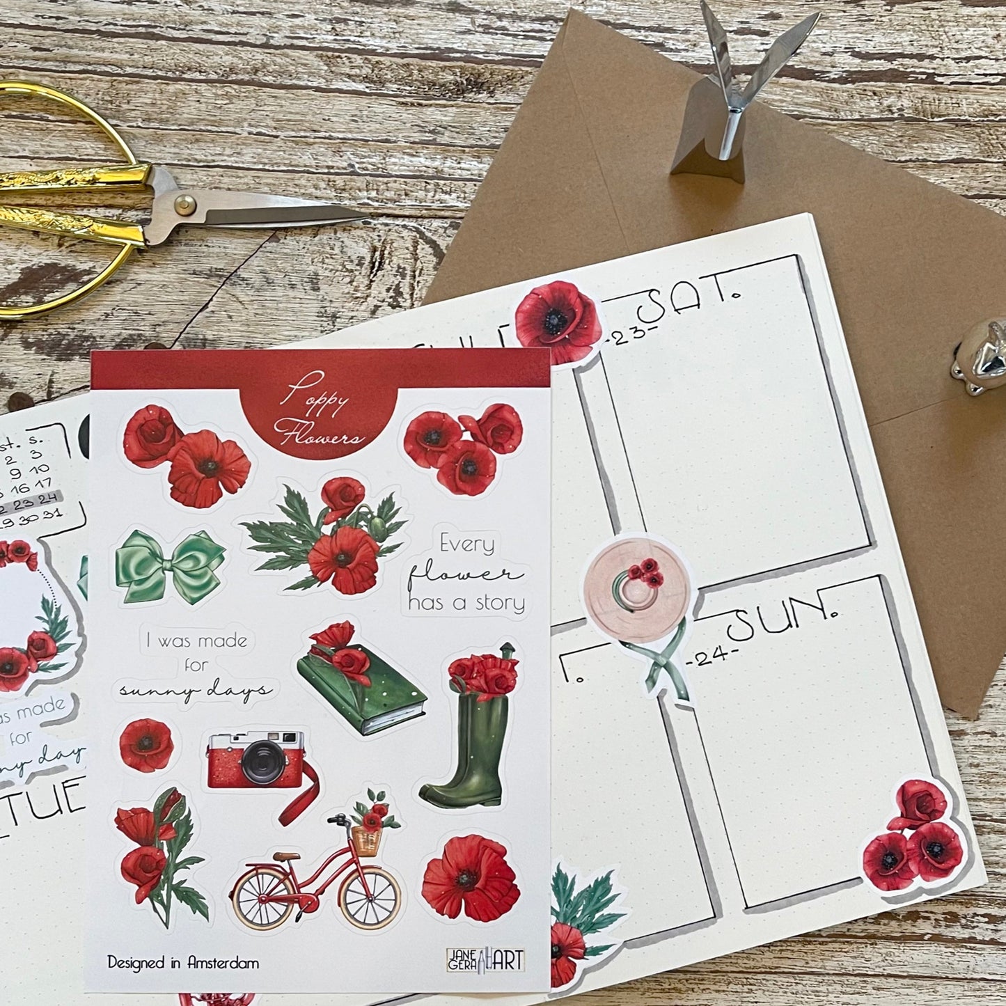 Poppy flower planner stickers Floral sticker set