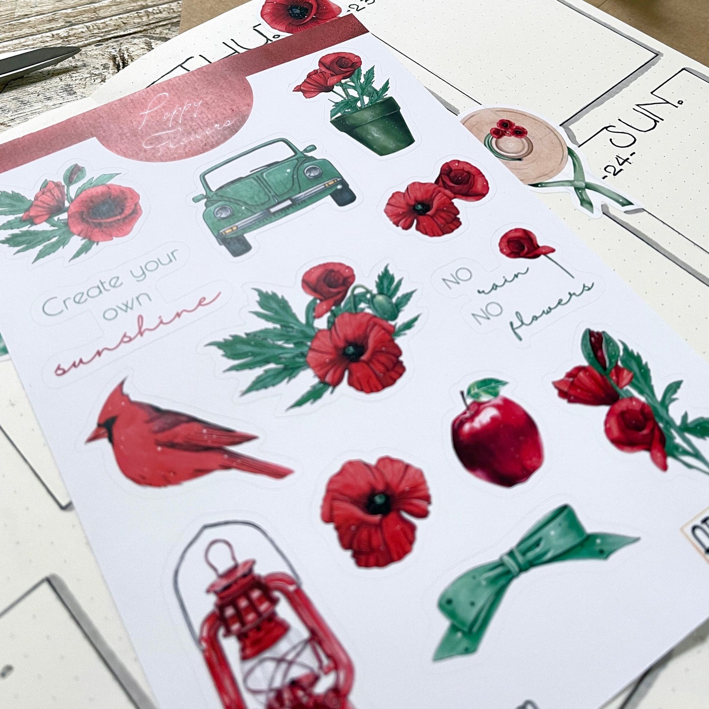 Poppy flower planner stickers Floral sticker set