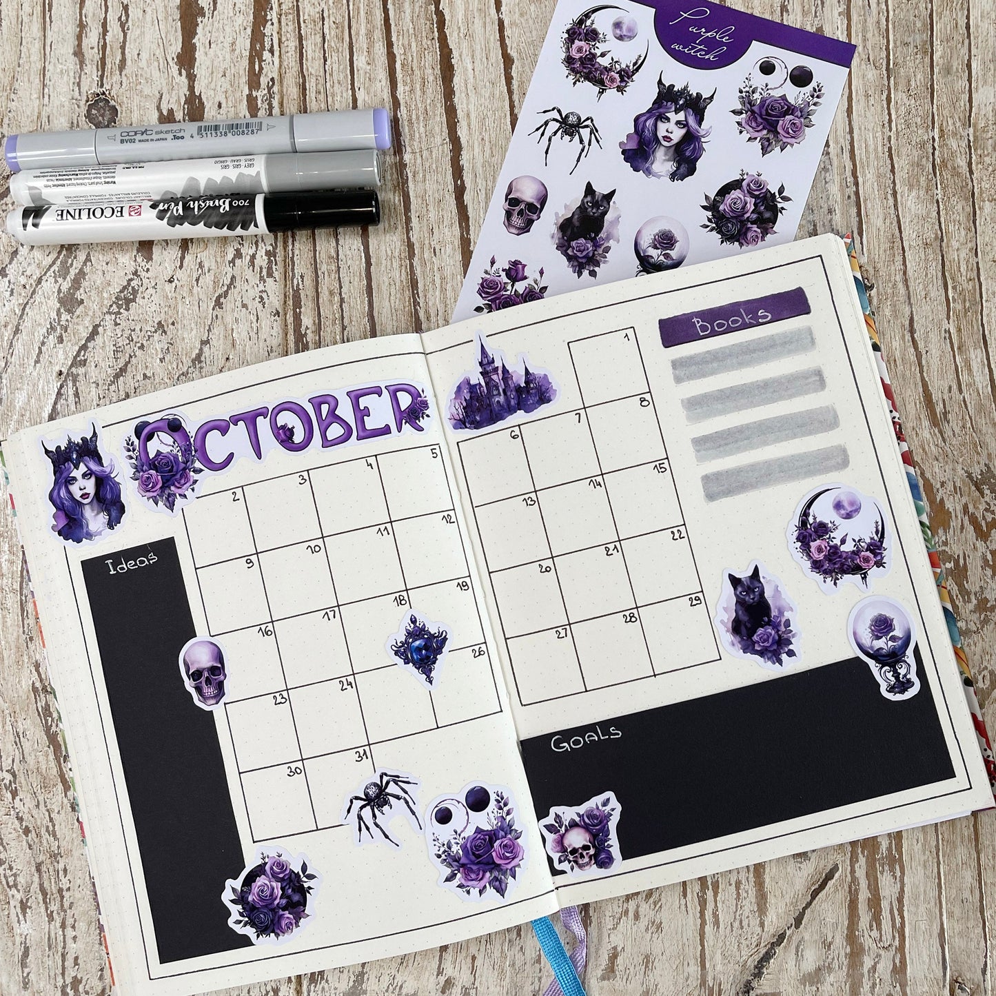 Paarse heksenbujo-stickers Halloween-plannerstickers