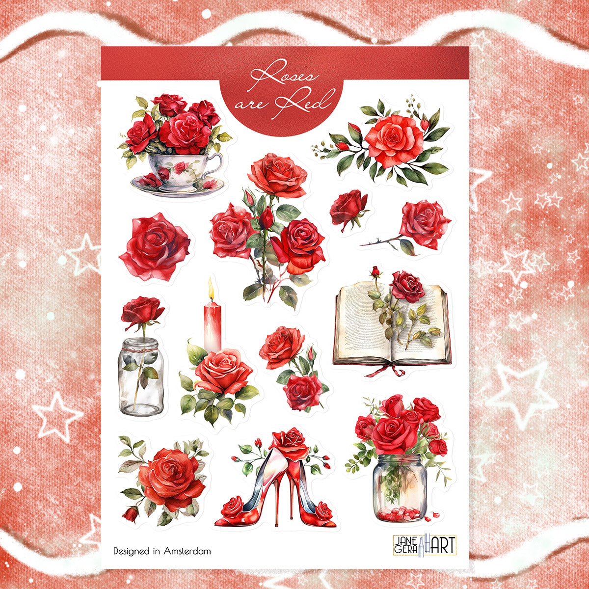 Rode rozen stickers bujo stickervel Bloemenstickers