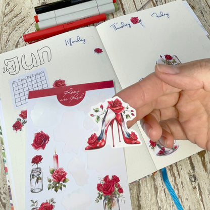 Rode rozen stickers bujo stickervel Bloemenstickers