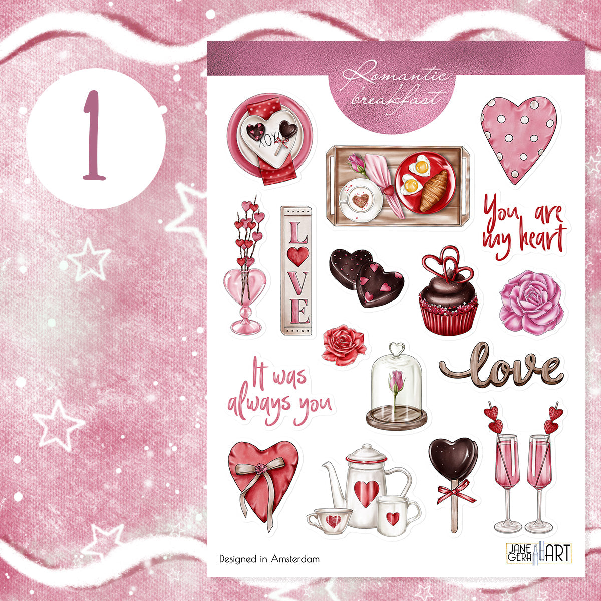 Romantic breakfast Valentine's Day bujo stickers set