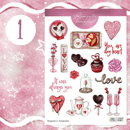 Romantisch ontbijt Valentijnsdag bujo stickers set