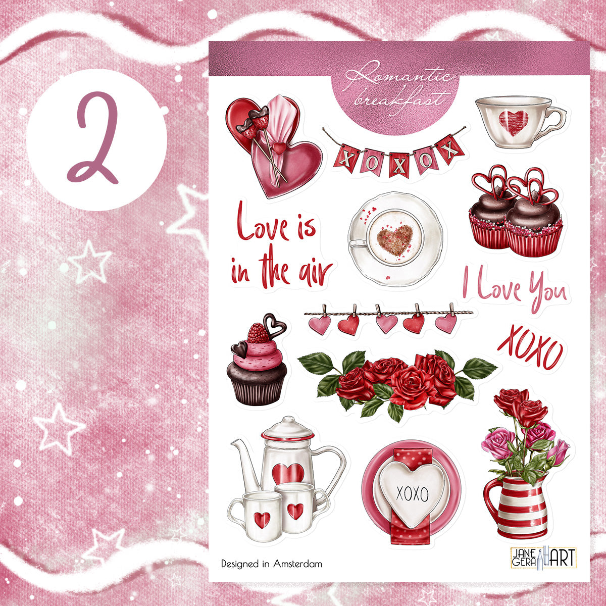 Romantic breakfast Valentine's Day bujo stickers set