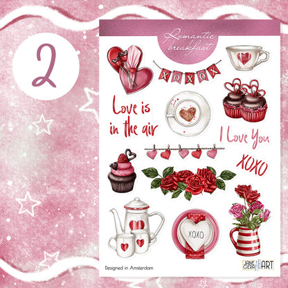 Romantisch ontbijt Valentijnsdag bujo stickers set