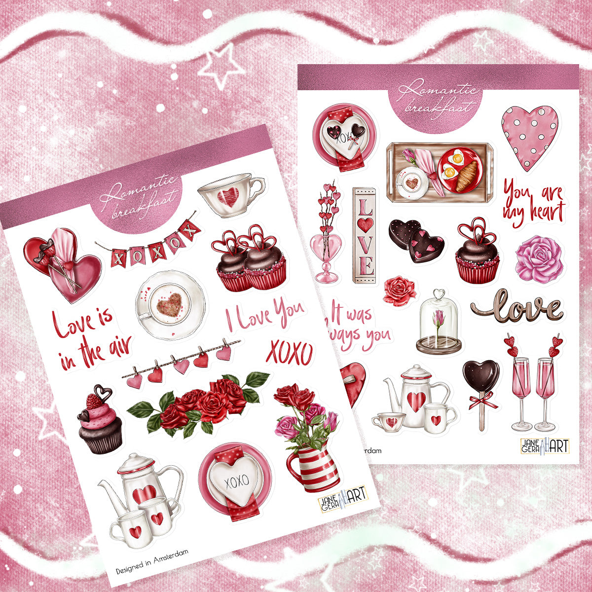 Romantisch ontbijt Valentijnsdag bujo stickers set