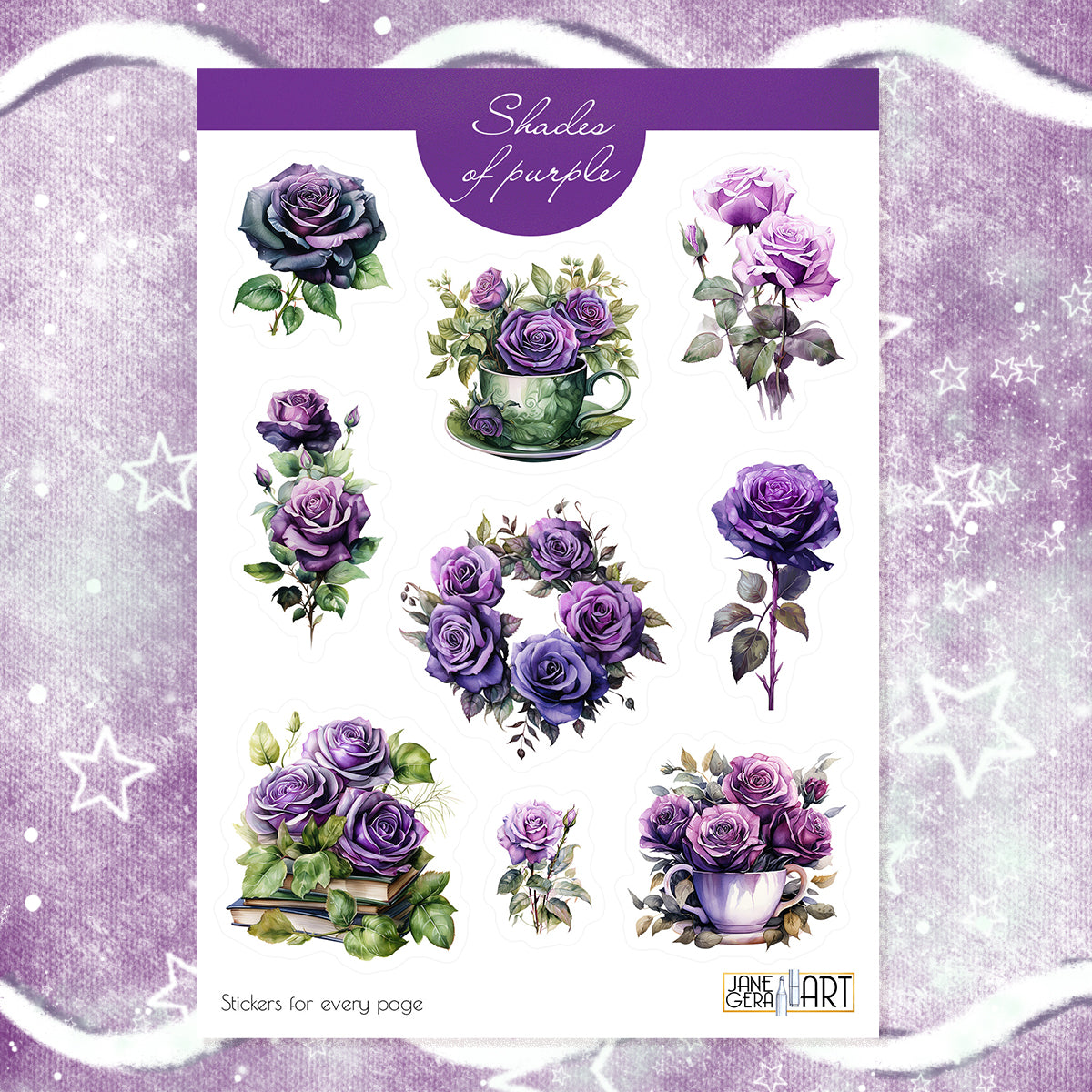 "Close-up of a purple roses stickers bujo sticker sheet, featuring intricate floral designs perfect for embellishing journals, planners, and scrapbooks, jane gera art, art bujo stickers, purple roses stickers, planner floral stickers