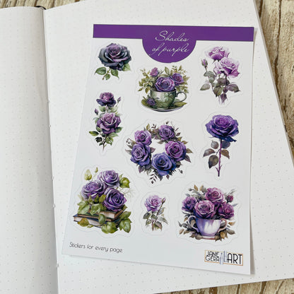 Close-up of a purple roses stickers bujo sticker sheet, featuring intricate floral designs perfect for embellishing journals, planners, and scrapbooks, jane gera art, art bujo stickers, purple roses stickers, planner floral stickers