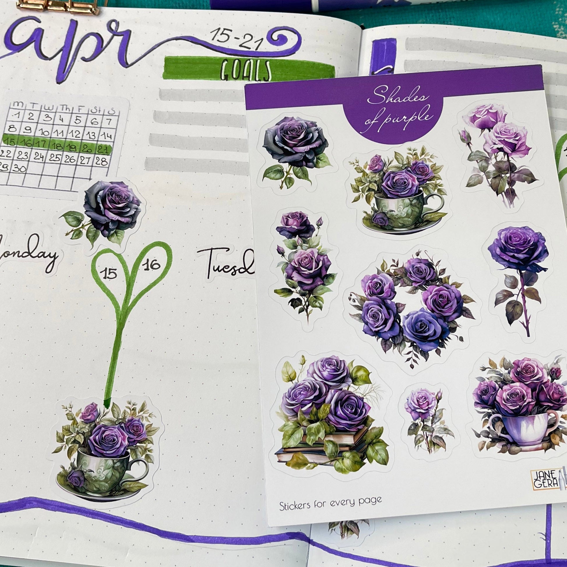 Close-up of a purple roses stickers bujo sticker sheet, featuring intricate floral designs perfect for embellishing journals, planners, and scrapbooks, jane gera art, art bujo stickers, purple roses stickers, planner floral stickers