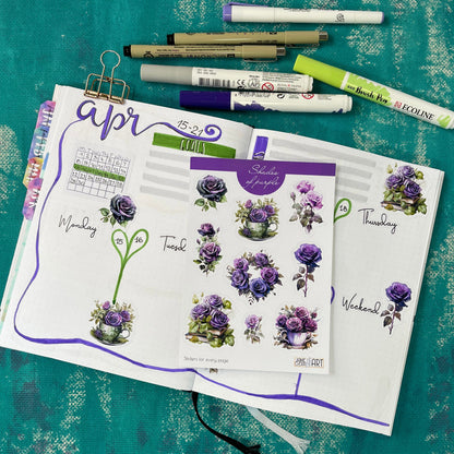 Close-up of a purple roses stickers bujo sticker sheet, featuring intricate floral designs perfect for embellishing journals, planners, and scrapbooks, jane gera art, art bujo stickers, purple roses stickers, planner floral stickers