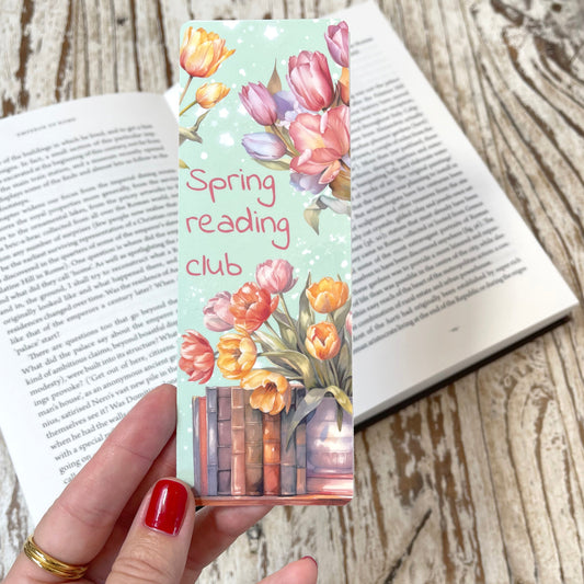 Spring Reading Club classic bookmark, laminated bookmark, artbujostickers.com, jane gera art