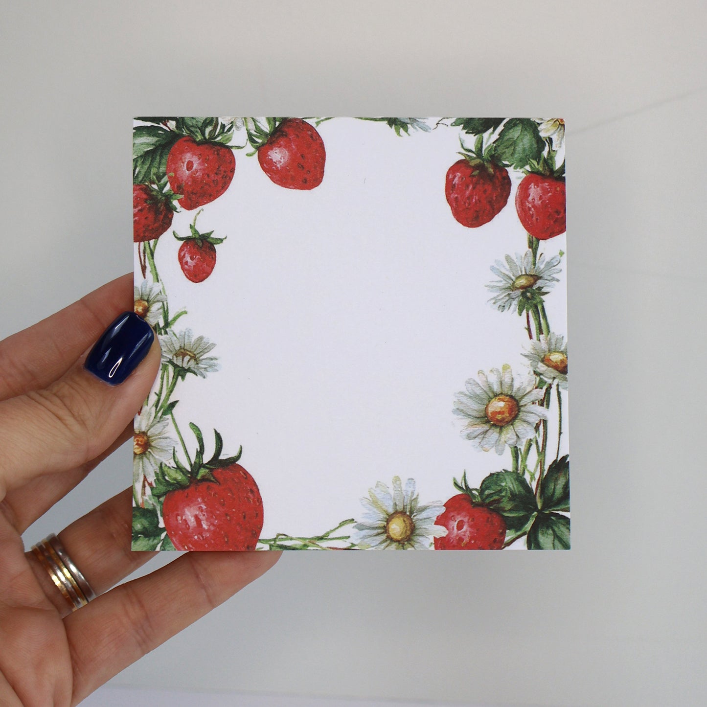 Strawberry Picnic Square Notepad – 10x10 cm Floral Summer Stationery
