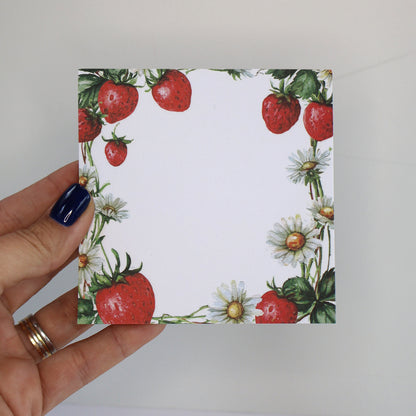 Strawberry Picnic Square Notepad – 10x10 cm Floral Summer Stationery