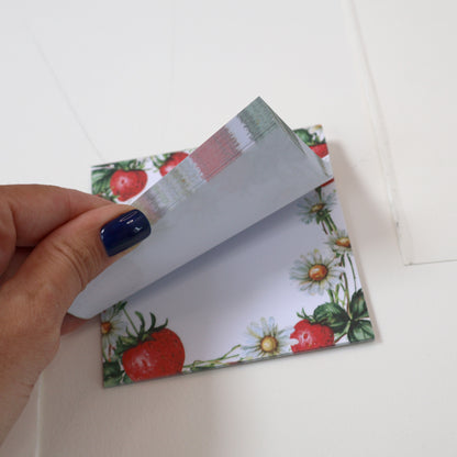 Strawberry Picnic Square Notepad – 10x10 cm Floral Summer Stationery